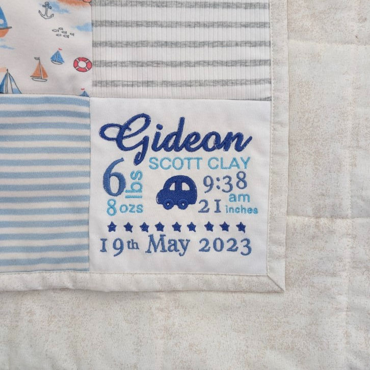 Quilted baby blanket with Gideon, Scott Clay, 6 lbs 8 oz, 19th May 2023 details.
