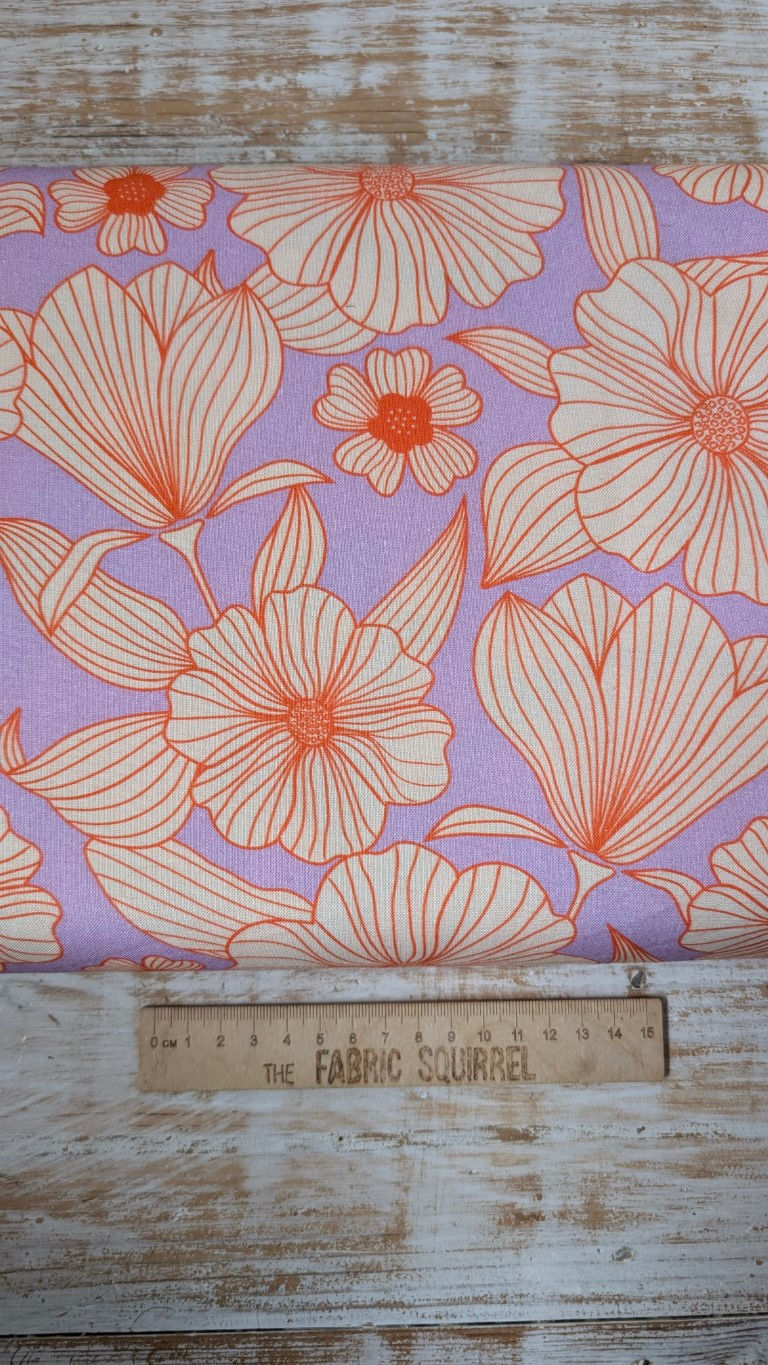 Thumbnail: Large orange floral design on Purple Floral Fabric - Floral Impressions by Craft Cotton Company.
