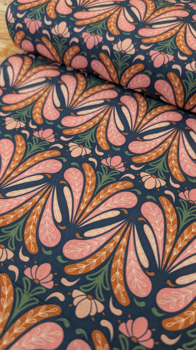 Thumbnail: Fabric with pink and orange floral design and green accents on dark blue.