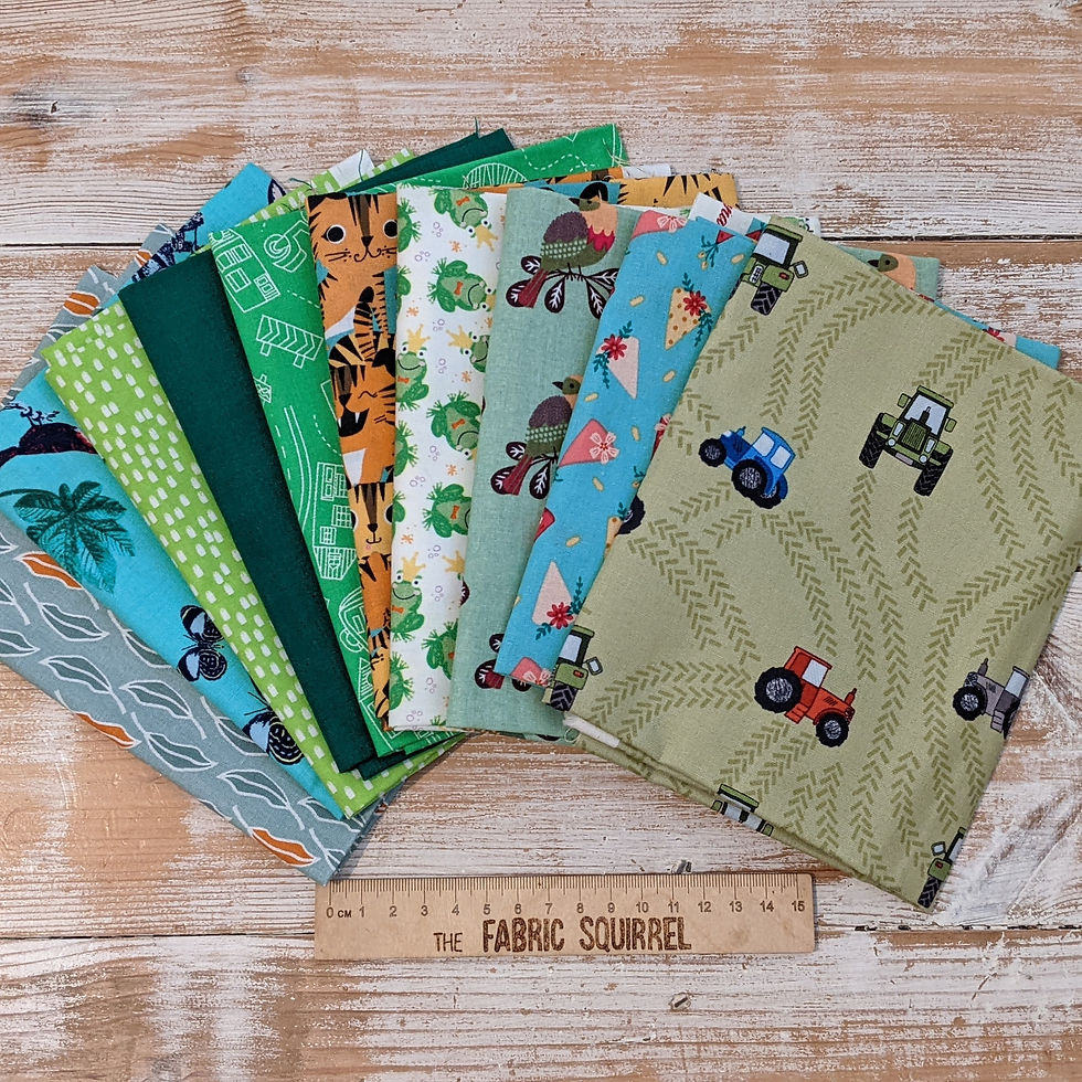 Thumbnail: Various colorful fabric patterns arranged, Fabric Squirrel, for crafting and design projects.