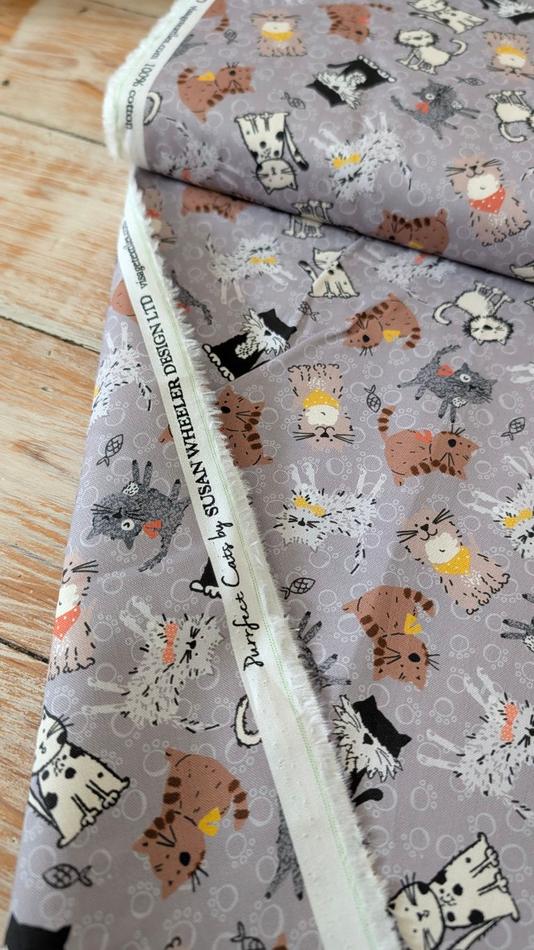 Thumbnail: Whiskers & Tails Grey Cat Fabric - Purrfect Cats by Susan Wheeler