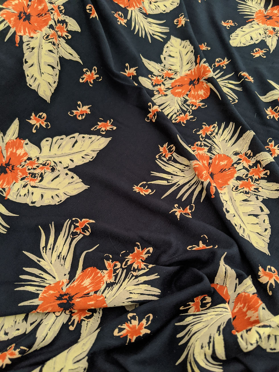 Thumbnail: Dark blue fabric with orange and white floral pattern detail close-up