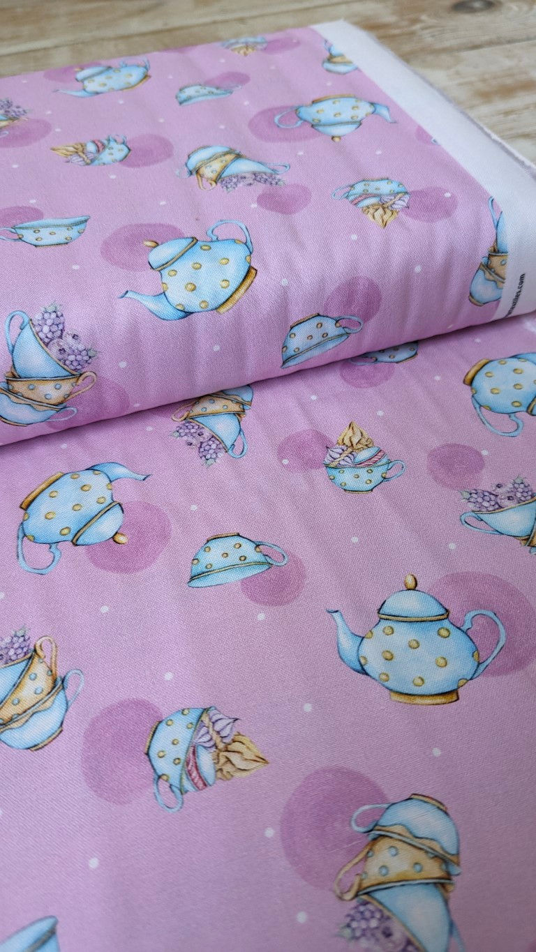 Thumbnail: Pink fabric with blue teapots and purple spots; Delicate Wings Fabric pattern.