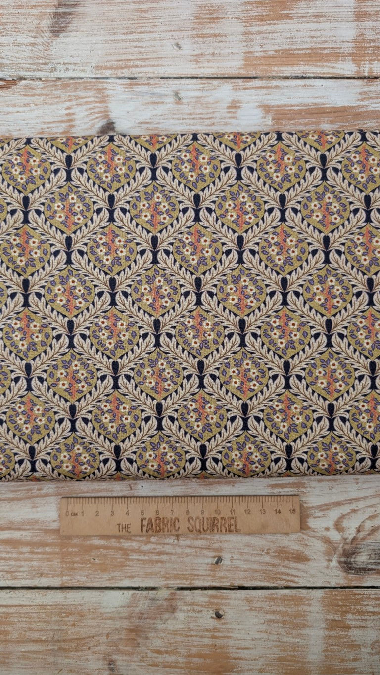 Thumbnail: Fabric with a repeating pattern in beige, orange, and blue colors.