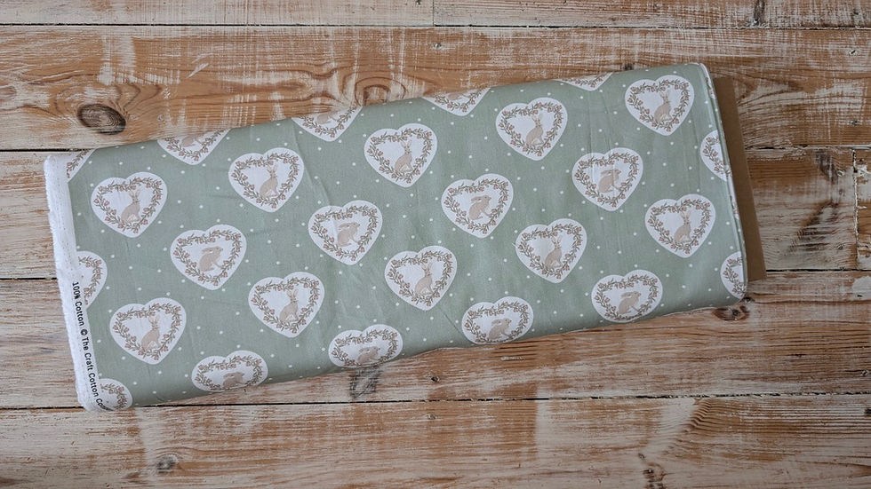 Hares in Hearts on Sage Green Fabric - Spring Hares by Craft Cotton Comp, fabric detail