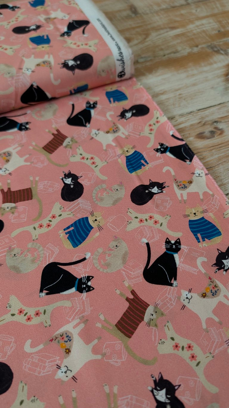 Thumbnail: Stacked Cats Quilting Cotton Fabric – Salmon Pink Cat Print by 3 Wishes Fabrics