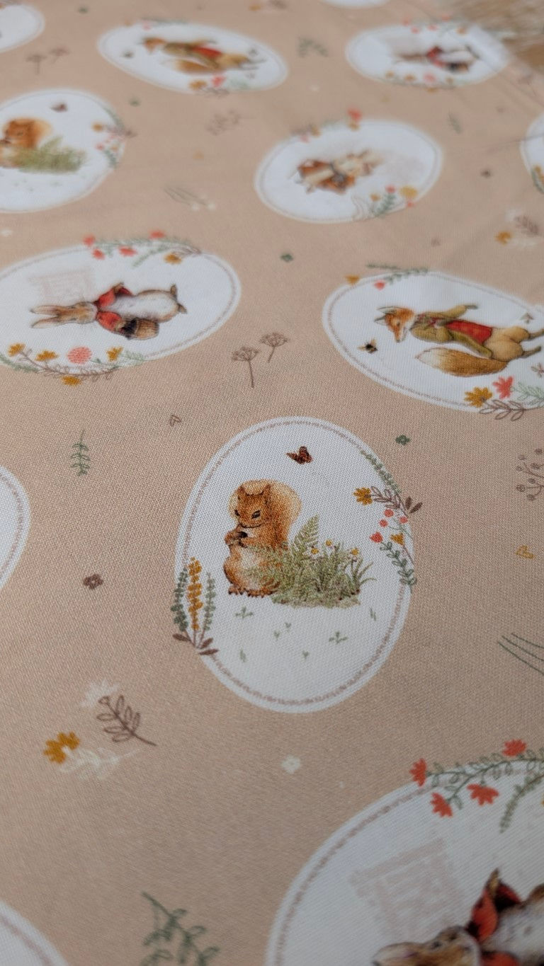 Thumbnail: Fabric with squirrel, fox, rabbit illustrations; cottagecore print. The Fabric Squirrel.