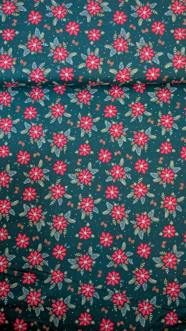 Thumbnail: Green fabric with red floral pattern. Flora Beatrice Floral Fabric - Liberty Quilting Cotton.