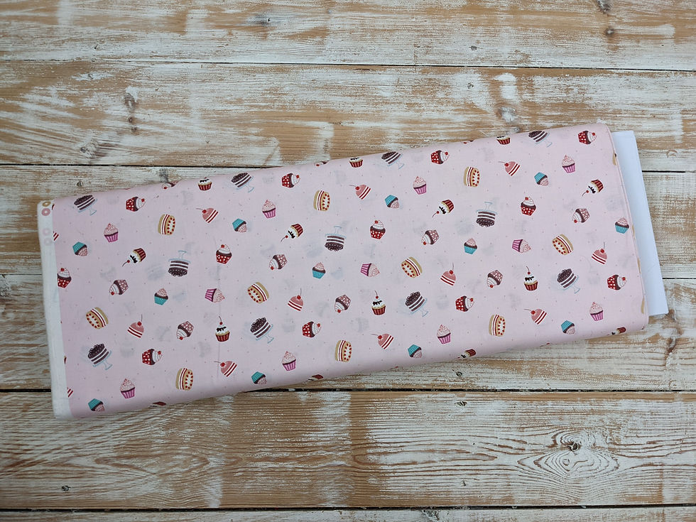 Thumbnail: Pink fabric with cupcakes and donuts Golden Key Fabric The Secret Winter Garden by Lewis and Irene