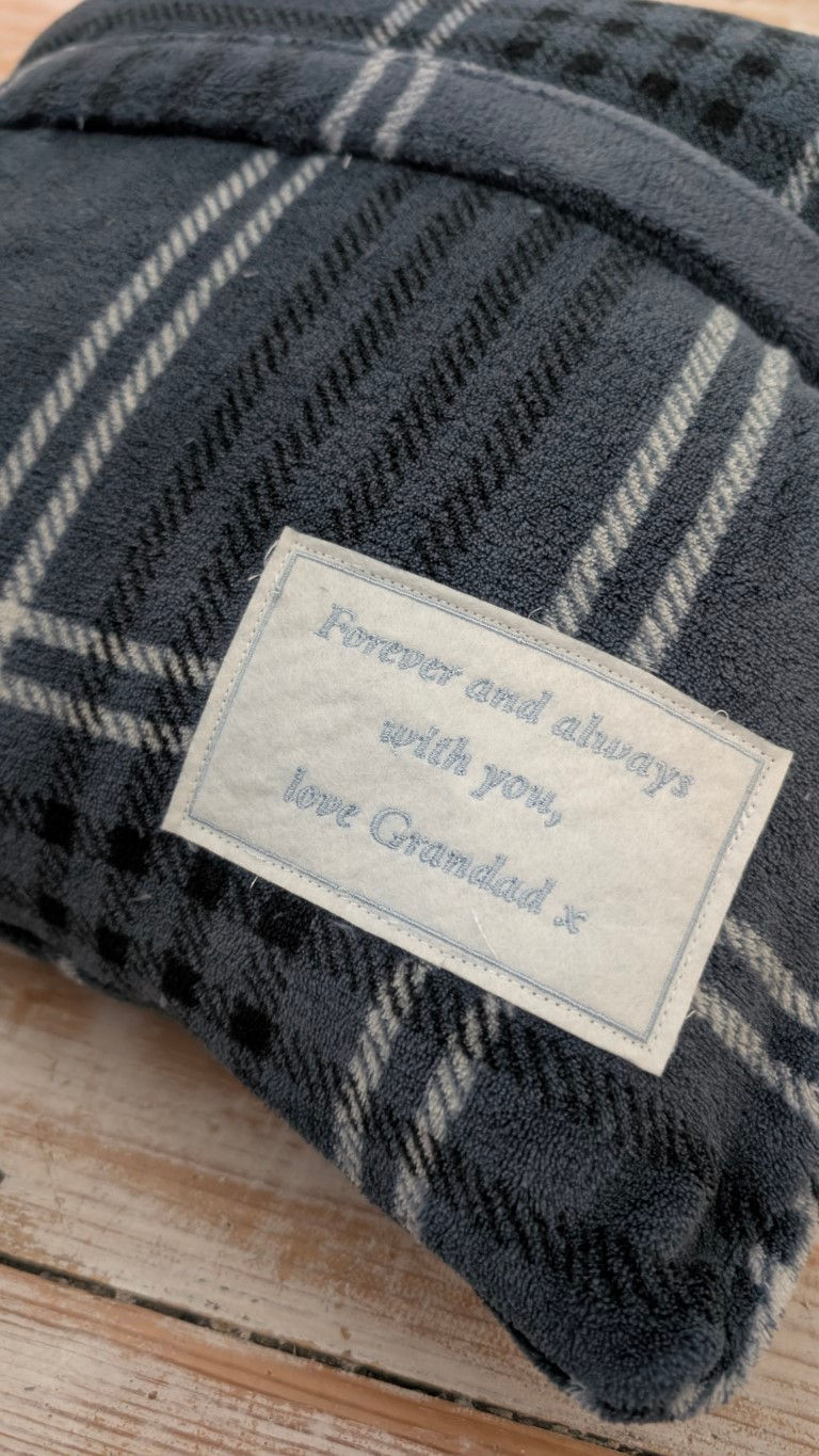 Plaid fabric with Forever and always with you, love Grandad x text.