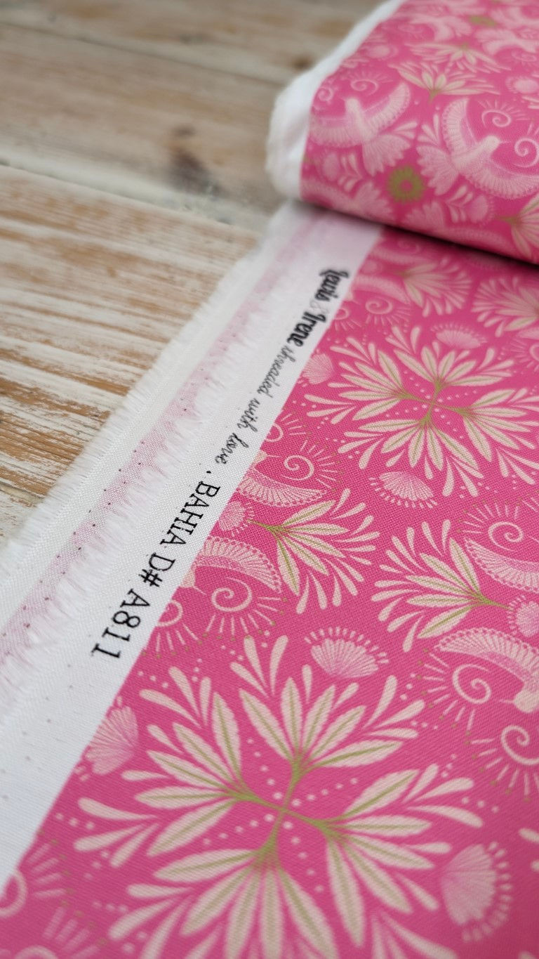 Thumbnail: Pink fabric roll reads 'BAHIA D# A811' floral pattern and text. The Fabric Squirrel