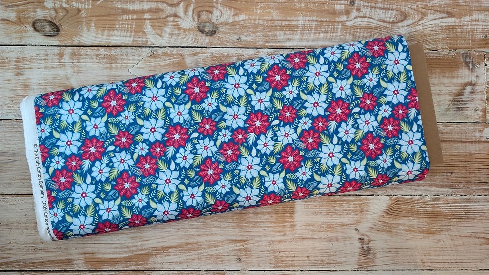 Thumbnail: Floral fabric with red and white flowers on blue background, Barge Bouquet Blue Fabric