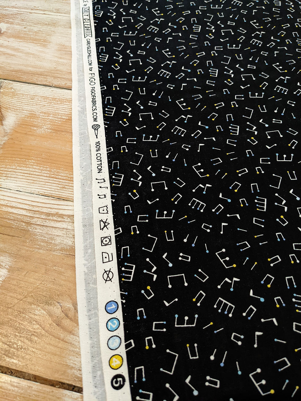 Thumbnail: Musical Sheet Notes Fabric - Figo Fabrics Band Practice with black background and white text.