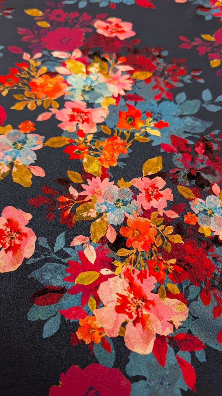 Thumbnail: Blue Floral Stretch Crepe Fabric – Pink, Red & Teal Flowers, Dress Fabric