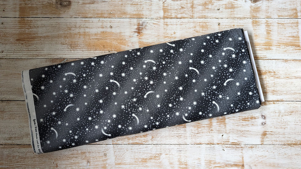 Thumbnail: Dark fabric with white stars and crescents, on a wooden surface.
