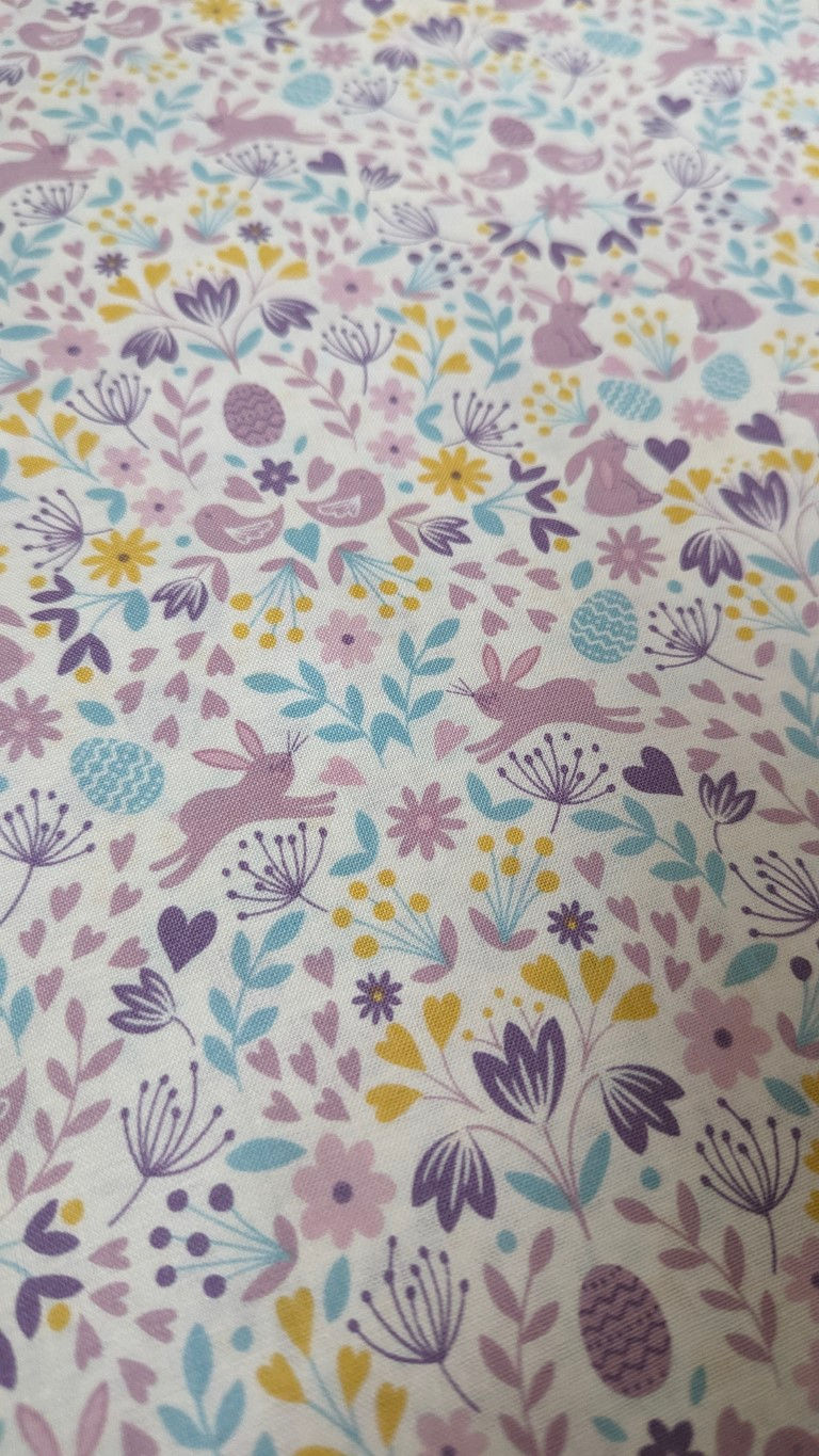 Thumbnail: Easter fabric with bunnies, eggs, and flowers; Spring treats design.