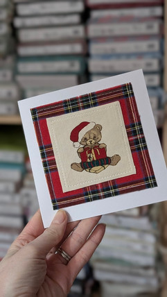 Single Christmas card with tartan and Christmas bear fabric from children's first clothes
