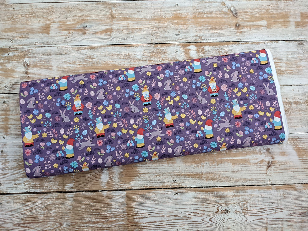 Thumbnail: Purple fabric with gnome and floral pattern, Golden Key Fabric, The Fabric Squirrel.
