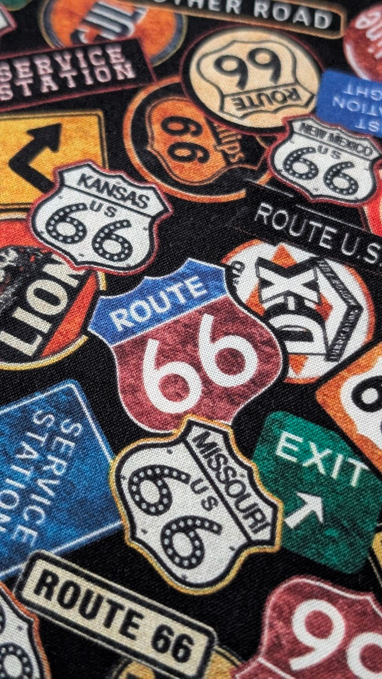 Thumbnail: Route 66 signs with Kansas, Missouri, and Exit text on fabric background.