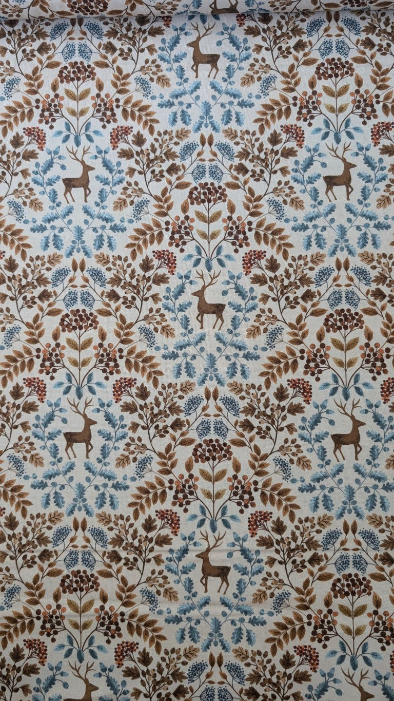 Thumbnail: Deer and floral pattern fabric. Brown, blue, and white background, The Fabric Squirrel.