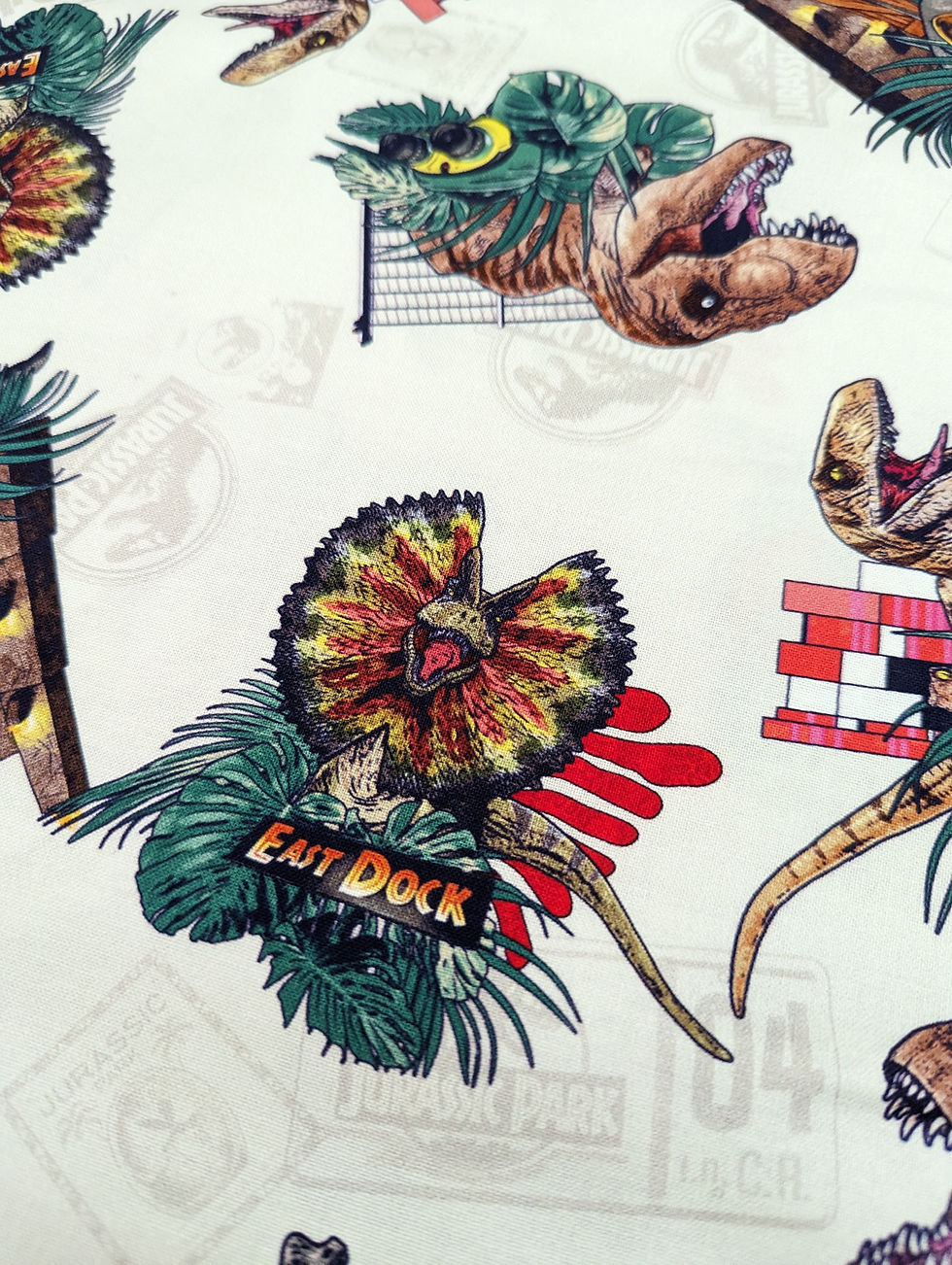 Thumbnail: Dinosaur fabric with text Eat Dock and other dinosaur images on the white fabric