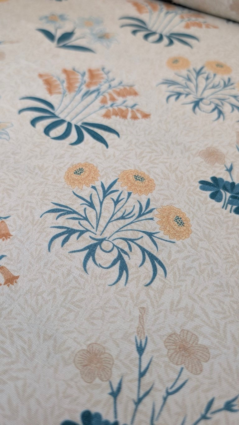 Thumbnail: Floral fabric with orange and blue flowers pattern background. The Fabric Squirrel