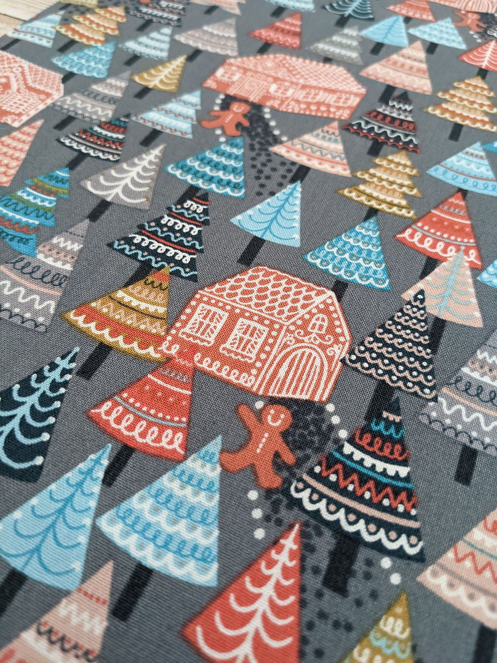 Thumbnail: Christmas trees and a gingerbread house on gray fabric, seasonal textile design.