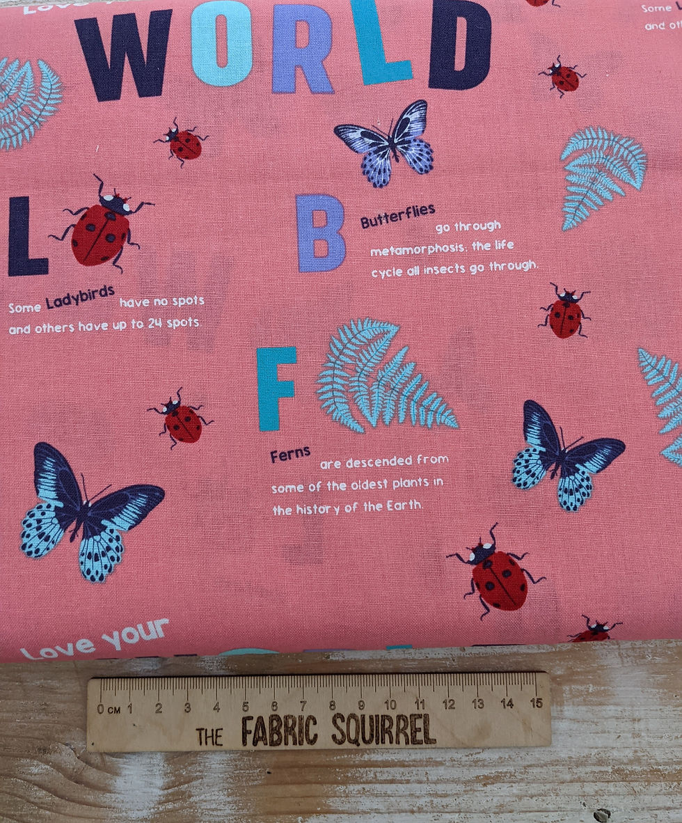 Thumbnail: Butterflies, ladybugs and text on pink fabric. LOVE YOUR WORLD. The Fabric Squirrel.