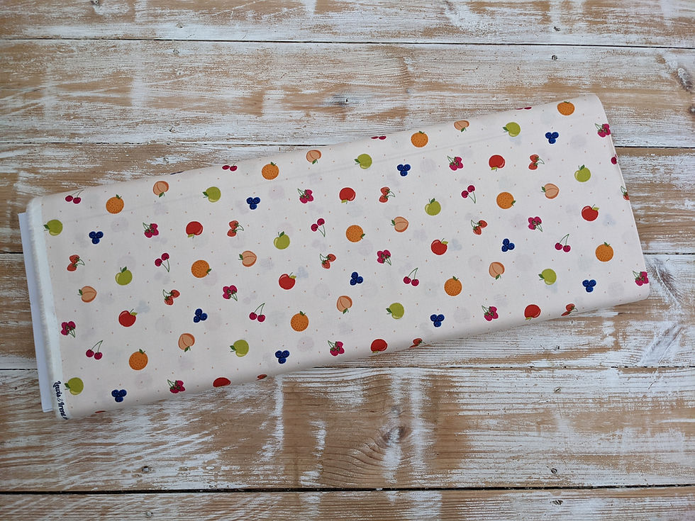 Thumbnail: Fabric with colorful fruit pattern on white background, displayed on wood.