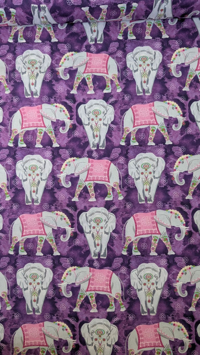 Thumbnail: Purple fabric with white elephants and Elephant Festival Fat Quarter Bundle x5 The Fabric Squirrel.