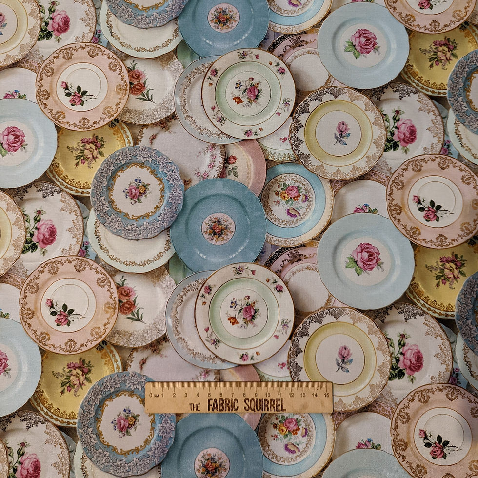 Plates fabric design, floral pattern, with Fabric Squirrel ruler in the image.