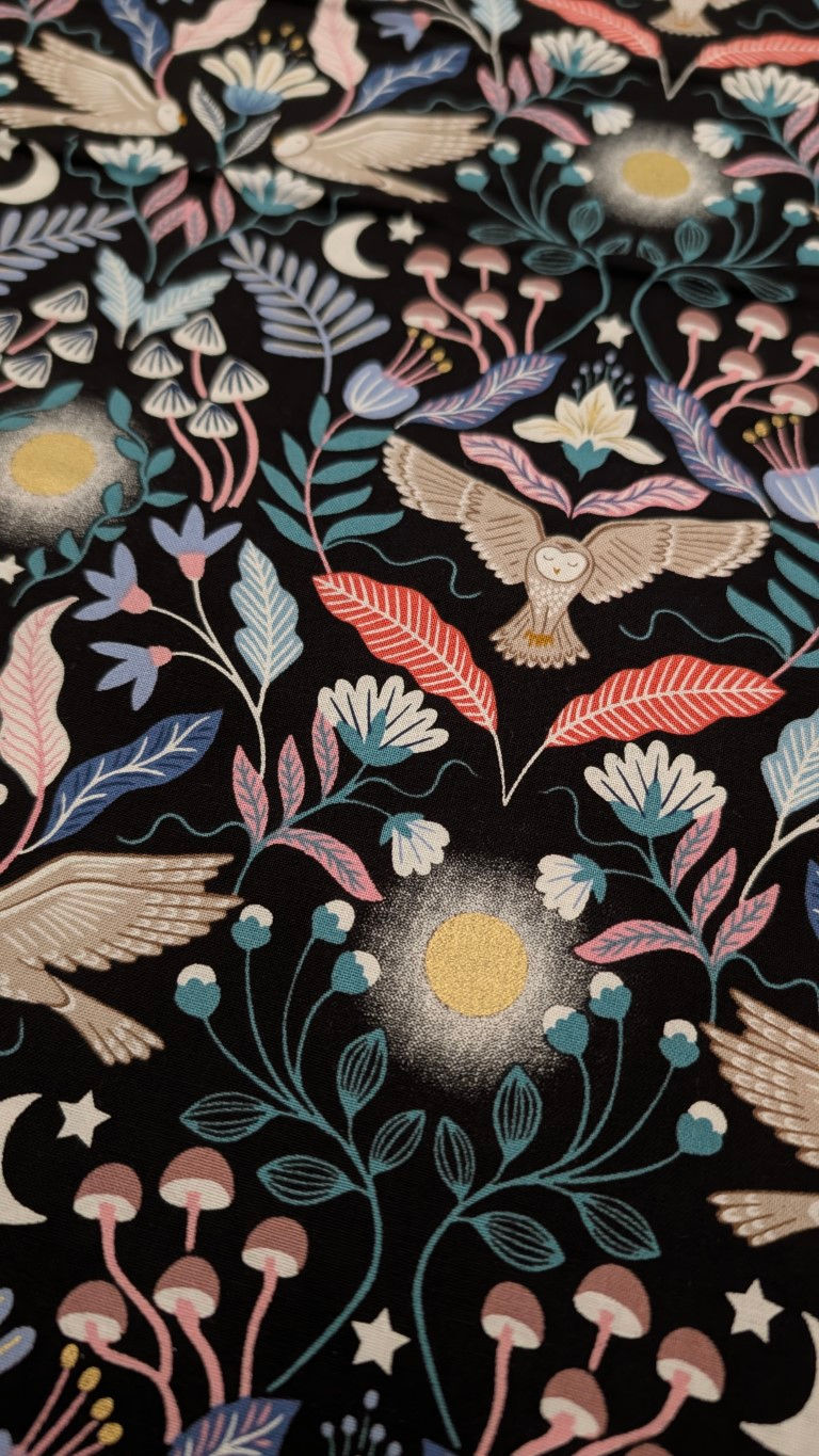 Thumbnail: Enchanted Owl Fabric on Black - Lewis and Irene