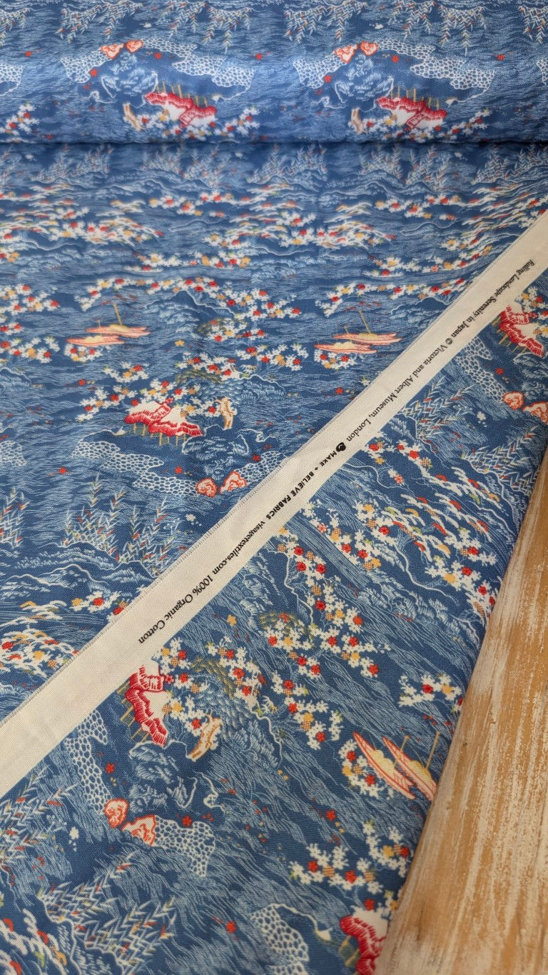 Thumbnail: Blue floral fabric with white strip. Lime Green Bamboo Oriental Fabric - Serenity in Japan from Craft Cotton.