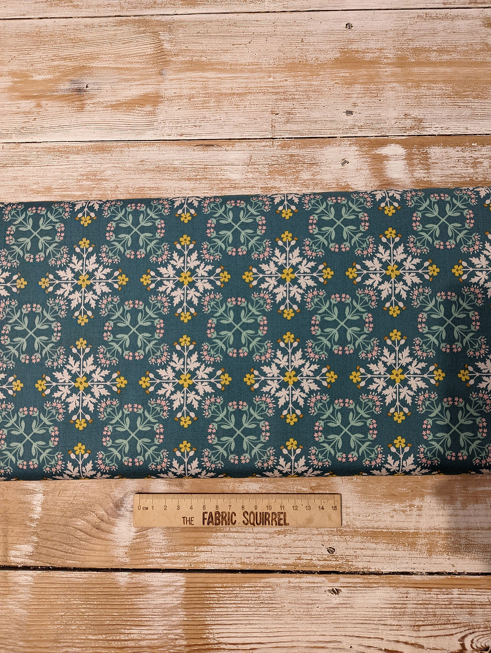 Thumbnail: Green fabric with repeating floral pattern on wooden background. The Fabric Squirrel