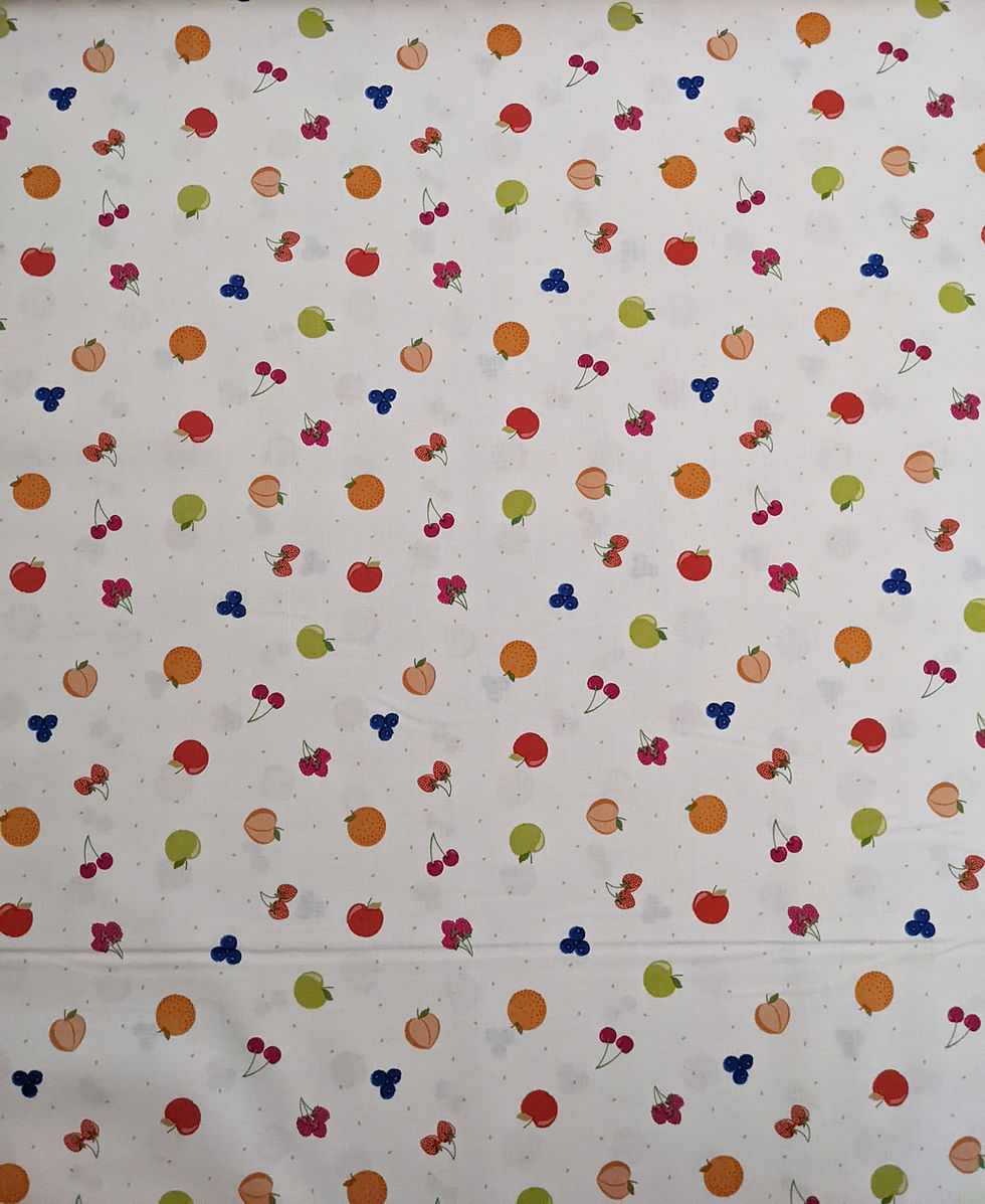Thumbnail: White fabric with colorful fruit pattern: cherries, oranges, and apples.