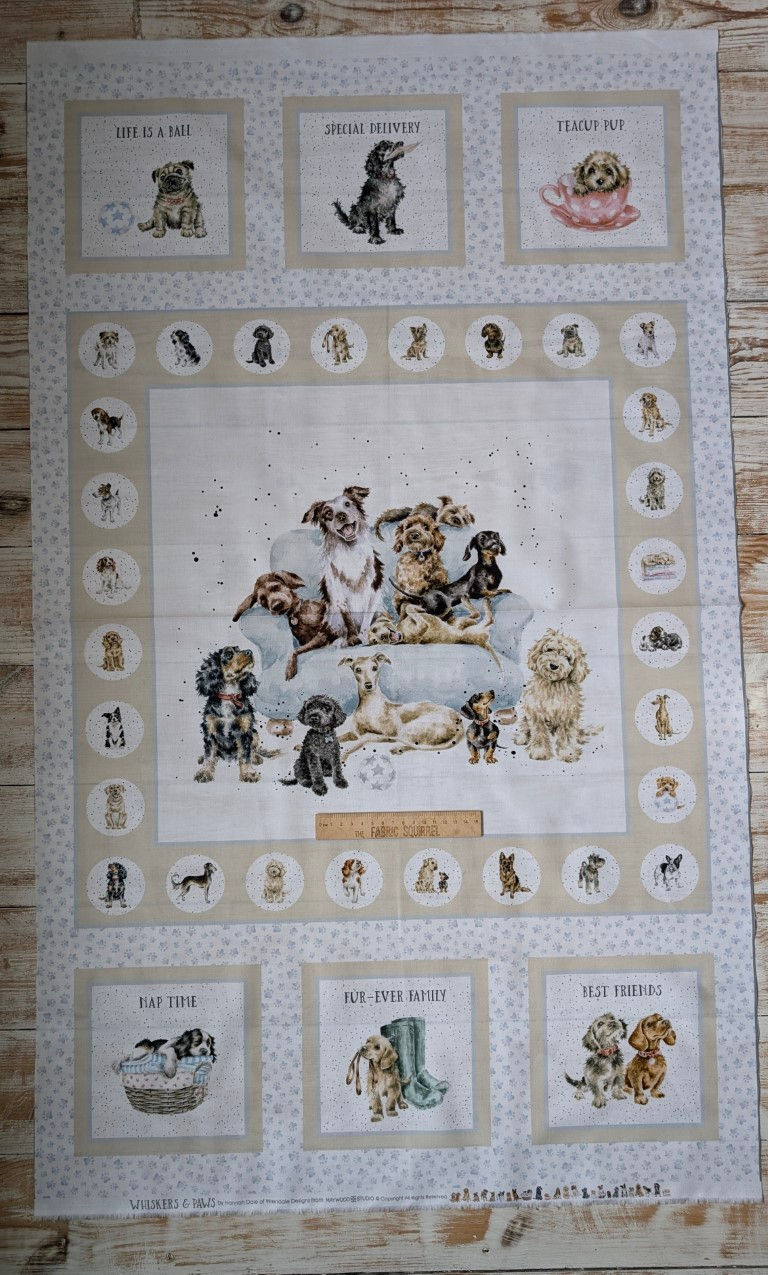 Thumbnail: Dog panel fabric with many different dog breeds in a fabric design.