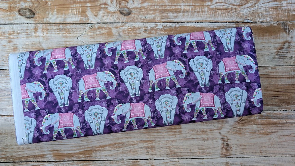 Thumbnail: Purple fabric with elephant pattern. Elephant Festival Fat Quarter Bundle x5 - by Sarah Payne.