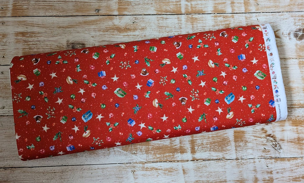 Thumbnail: Red fabric with Christmas patterns. Pets Post Fabric - Christmas Pets from Craft Cotton Company