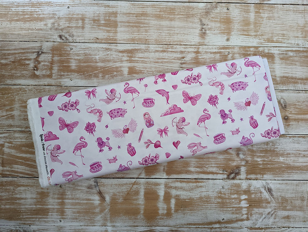 Thumbnail: White fabric roll with pink flamingo, butterfly, and heart pattern Jennie's Pinks.