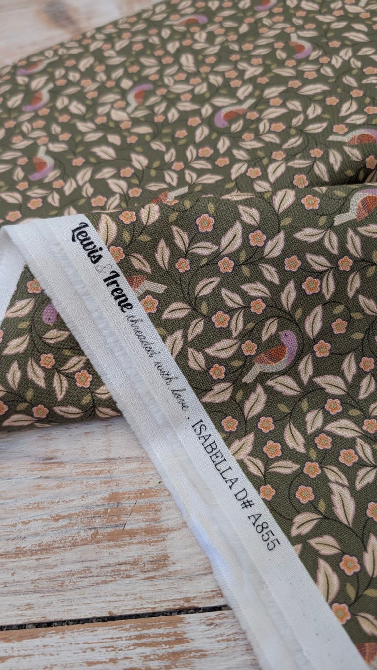 Thumbnail: Fabric with floral design, LEWIS & IRENE ISABELLA, and a bird pattern background
