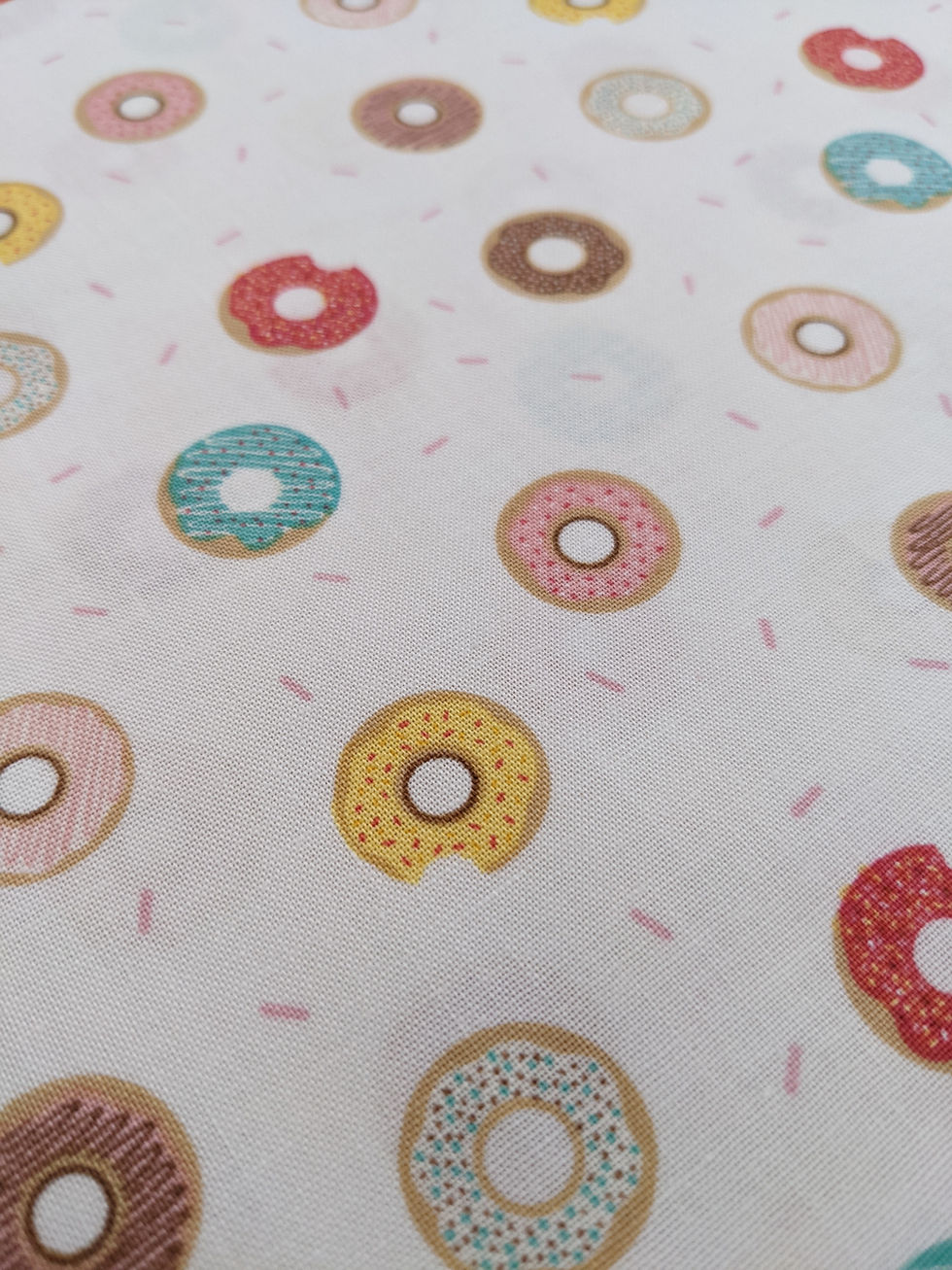 Thumbnail: Fabric with colorful donuts on white background, sprinkles pattern, sweet food design.