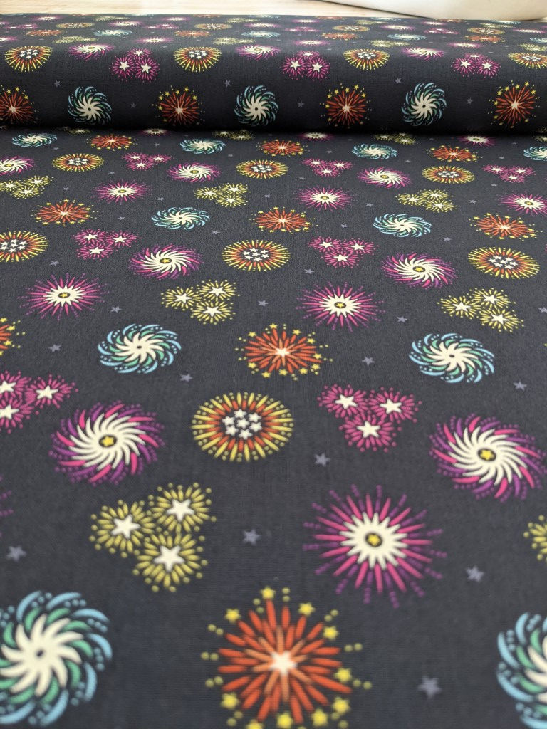 Dark blue fabric with colorful floral designs; The Fabric Squirrel.