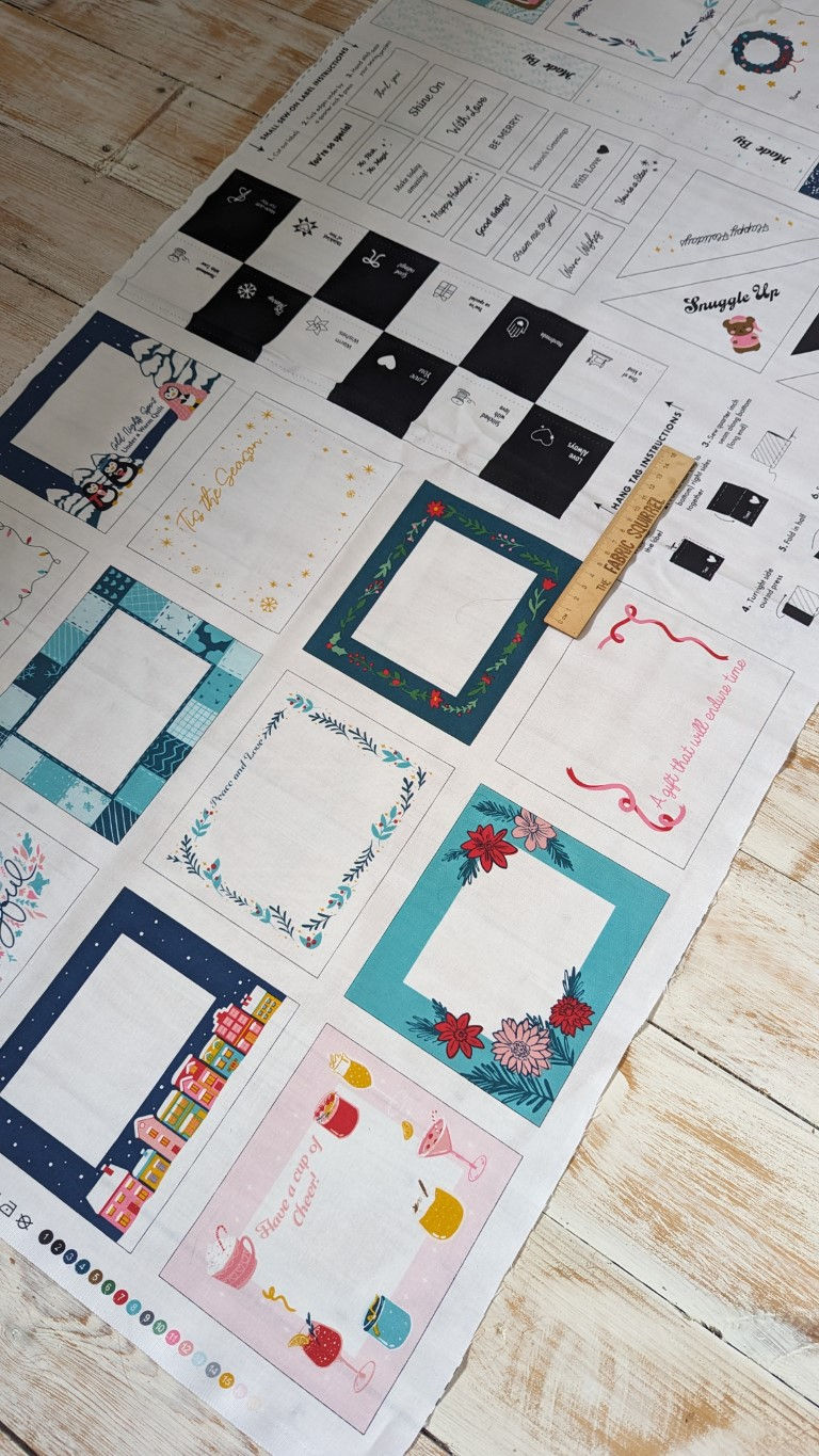 Thumbnail: Fabric panels with decorative frames, a ruler, and printed designs - Christmas Street Lamp Fabric.