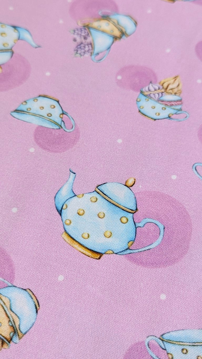 Thumbnail: Blue teapot and teacups pattern on pink background. Delicate Wings Fabric - V&A Museum.