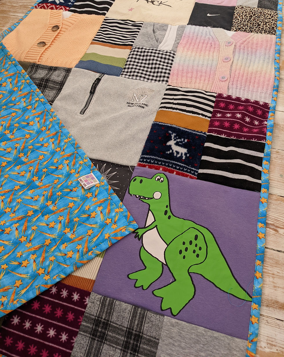 Thumbnail: Toy Stories Rex appearing to hang onto the corner of the quilt. Backed with a personalised star backing.