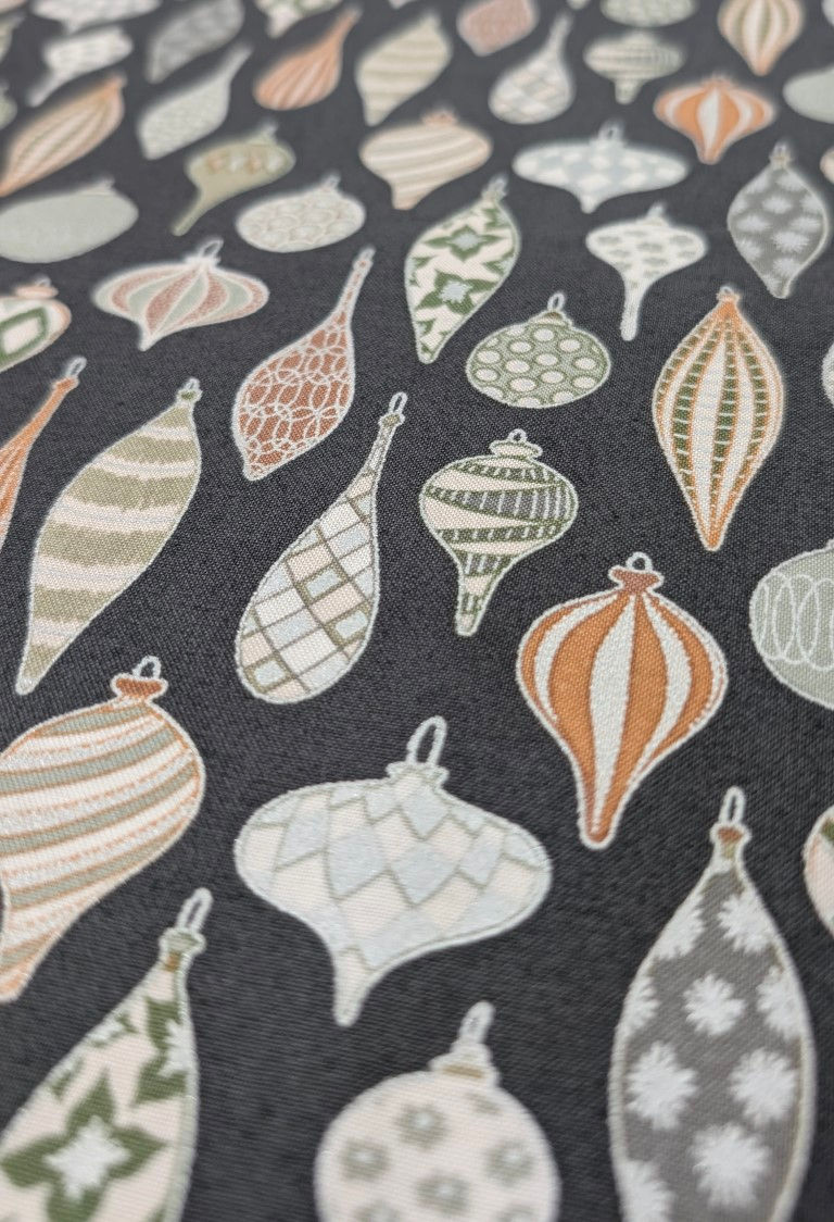 Thumbnail: Various Christmas ornament pattern on dark fabric background, detail view, textile print.