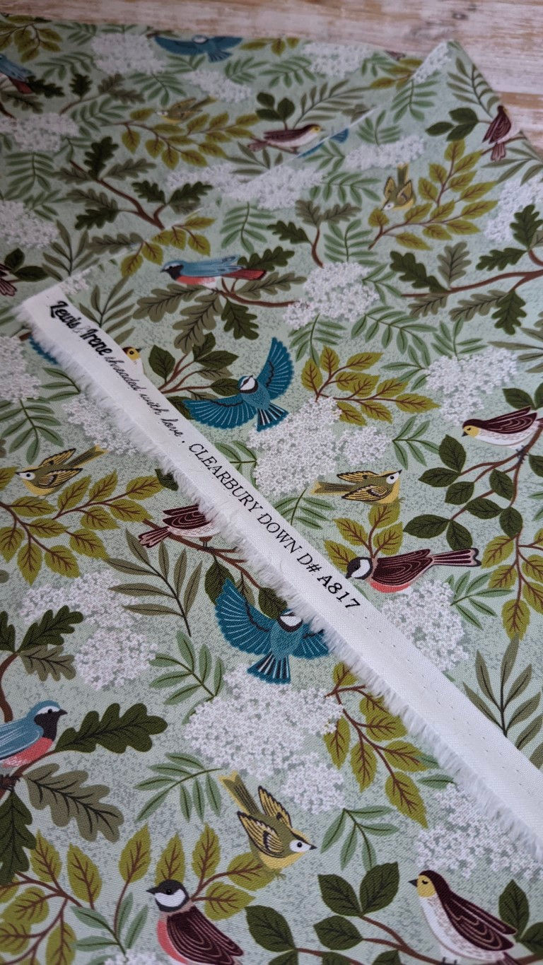 Fabric roll with text, British Birds on Green Fabric, Clearbury Down by Lewis and Irene