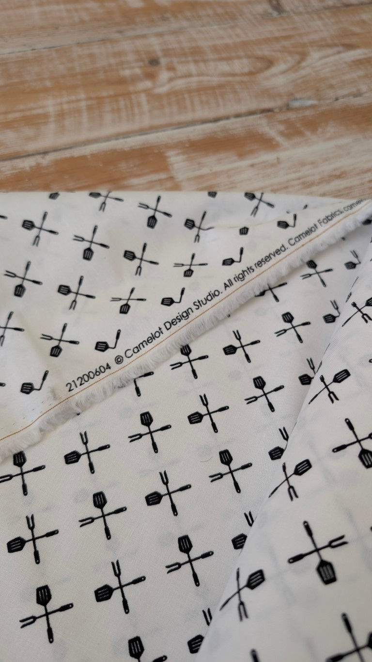 Thumbnail: White fabric with black utensils design, 21200404, Camelot Design Studio pattern.