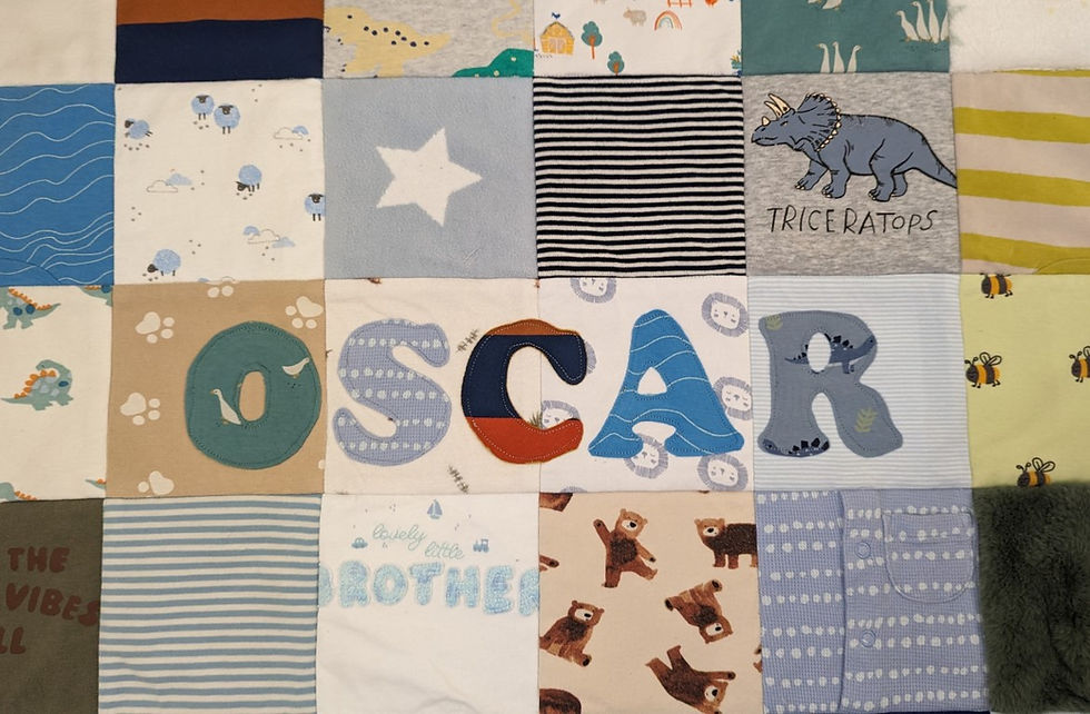 Thumbnail: Appliqué name with the word Oscar in various prints from the clothes.