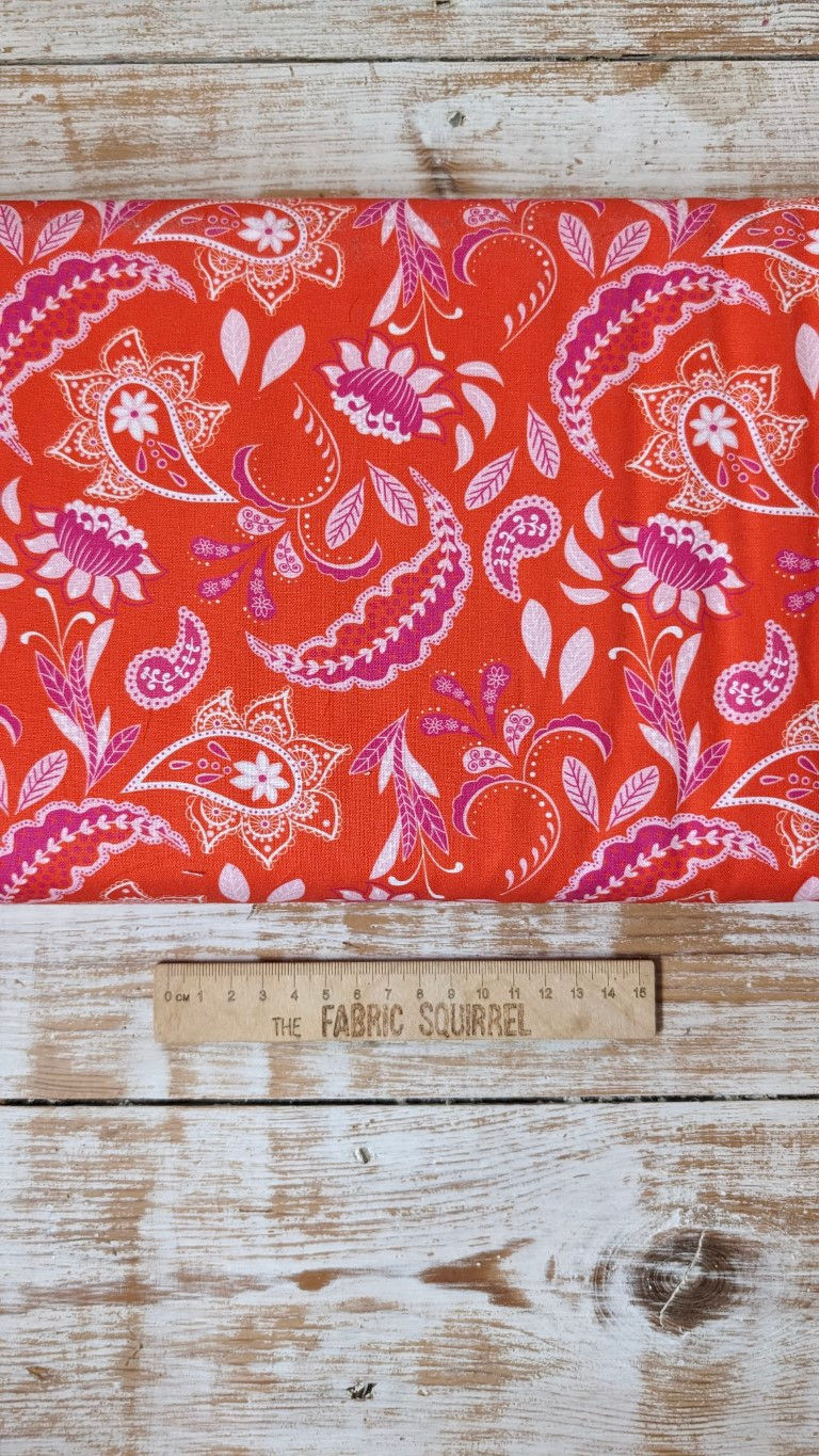 Thumbnail: Paisley fabric with floral pattern and ruler on wood The Fabric Squirrel.